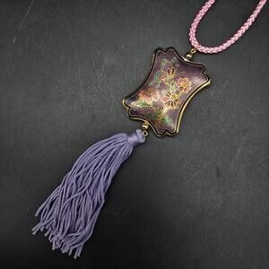 Cloisonne Purple Butterfly Pendant Necklace Tassels Pink Cord